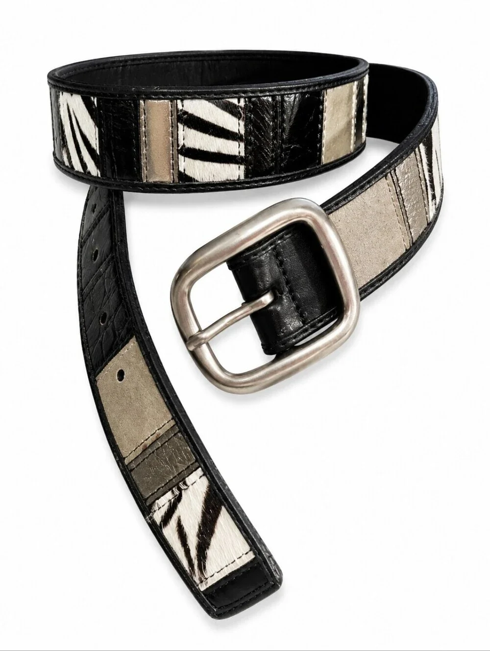 FOSSIL 1980s Zebra Metallic Patchwork Leather Belt